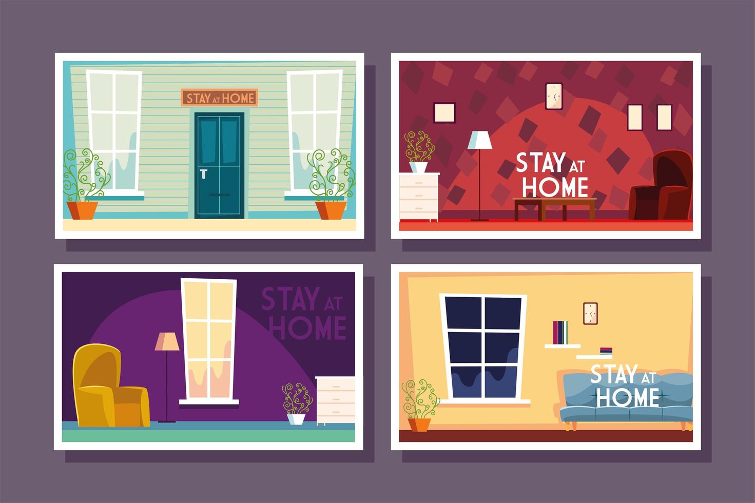 Set of home cards with label stay at home vector