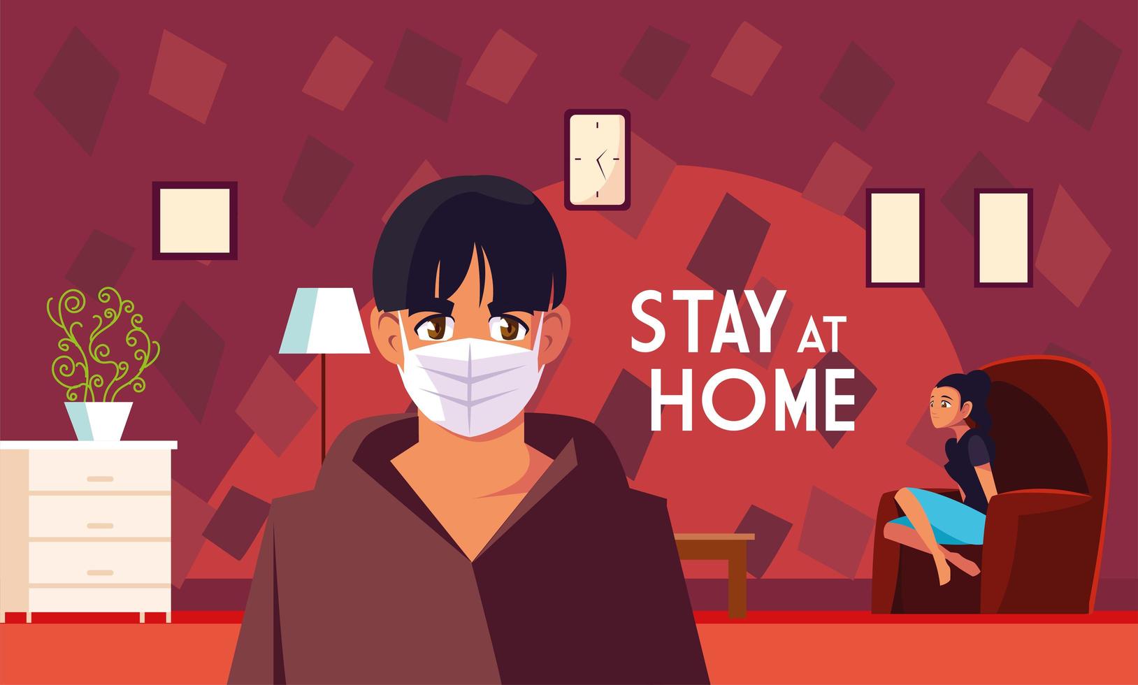 Two people inside home and stay at home lettering vector