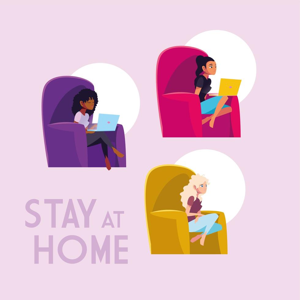 Set of three women connecting with their laptops vector