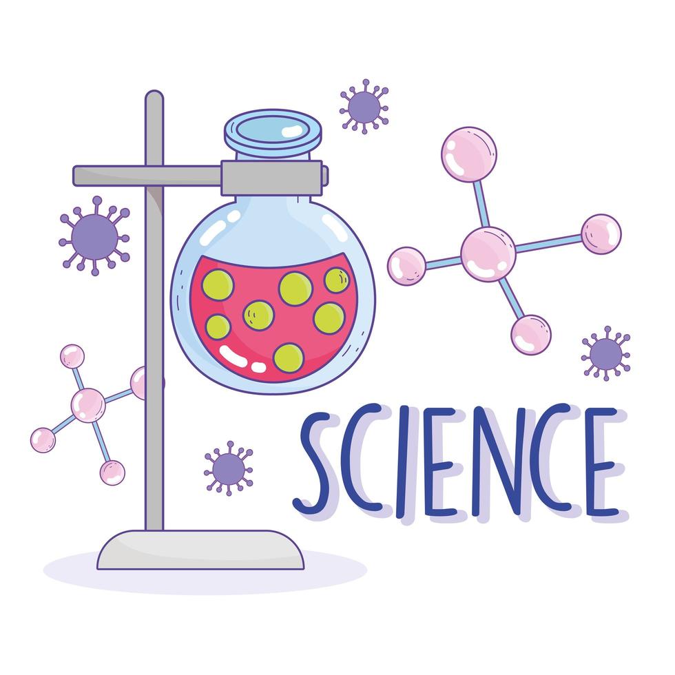 Science lettering and chemistry lab beaker with molecule icons vector