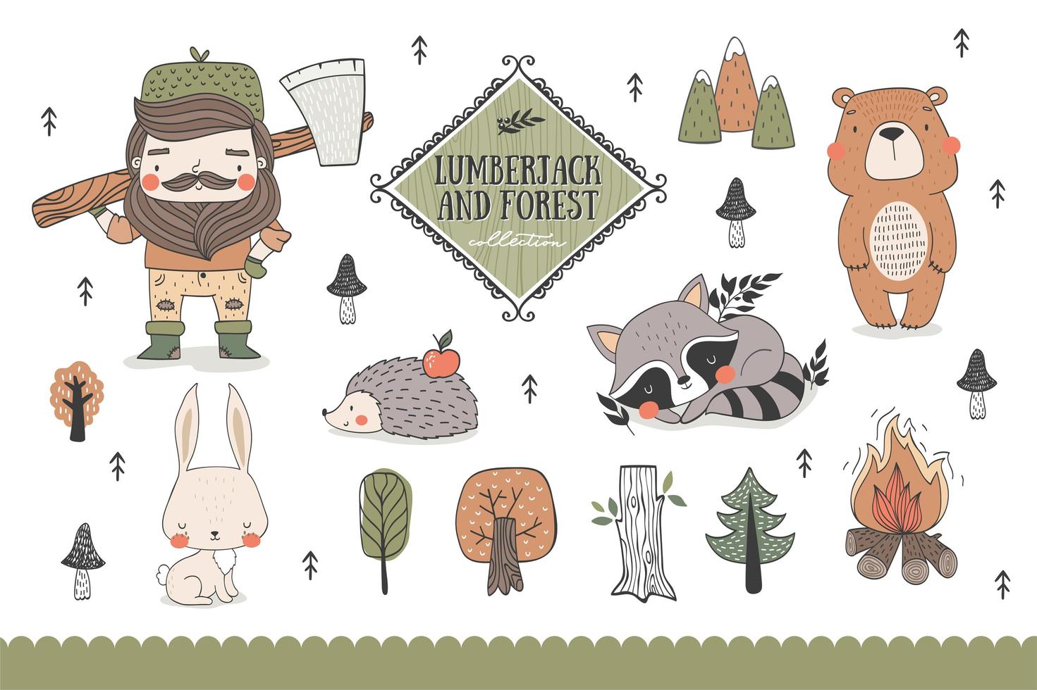 Forest animals and funny lumberjack characters collection vector