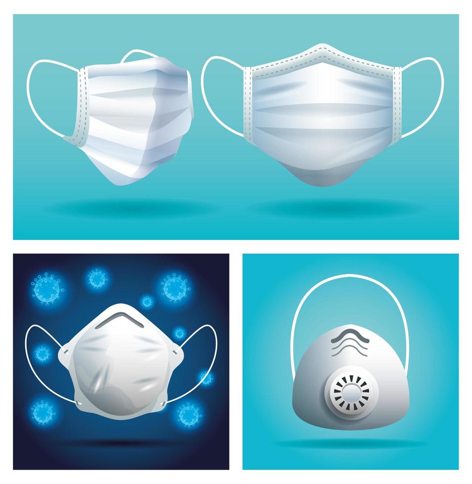 set of white medical face masks breathing protective respiratory vector