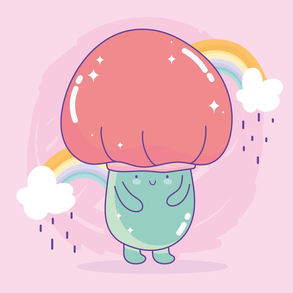 Green and red fungus character with rainbows vector