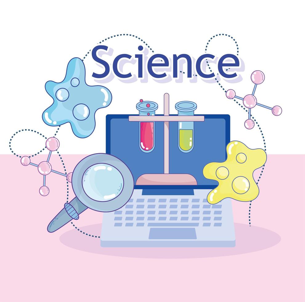 Instrumentos de laboratorio de ciencia e investigación con una computadora portátil. vector