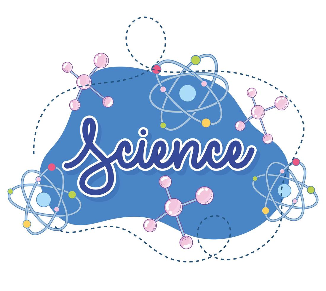 Plantilla de banner de iconos de laboratorio y letras cursivas de ciencia vector