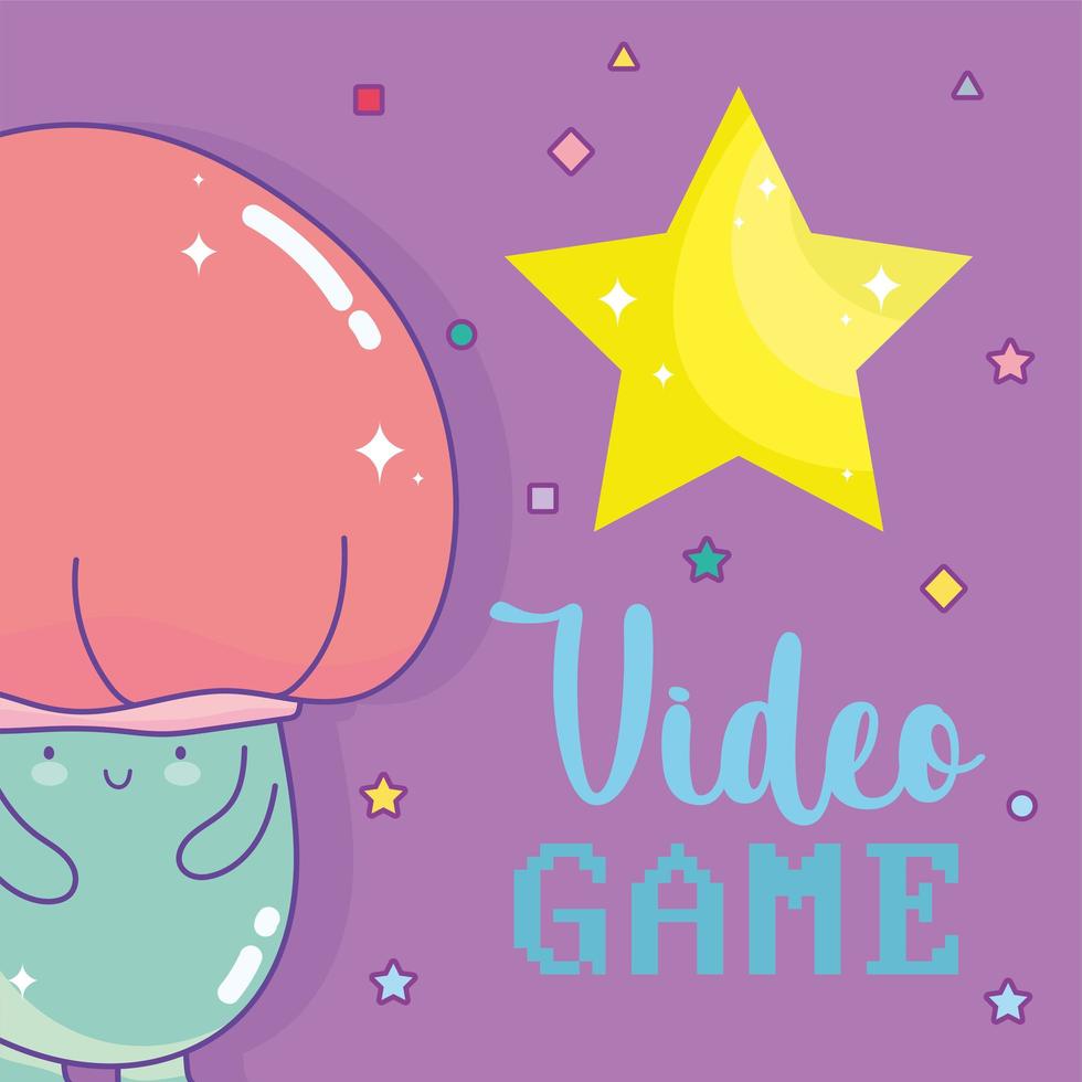 Mushroom character with video game lettering and a big star vector