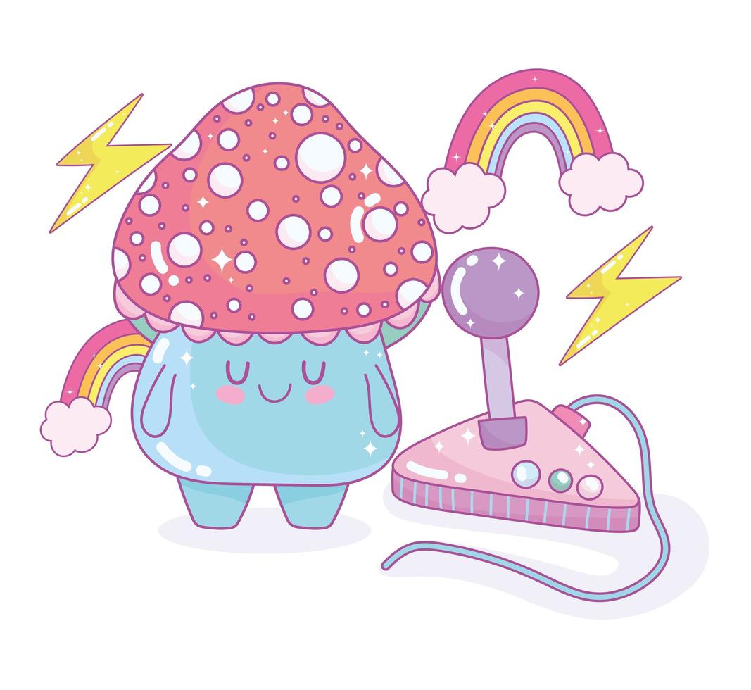 Little mushroom with video game joystick and rainbows nearby vector