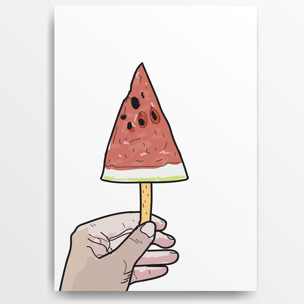 Hand holding a slice of watermelon on a stick hand drawn design vector