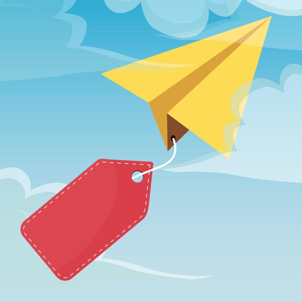 Paper plane in the sky with a blank price tag vector