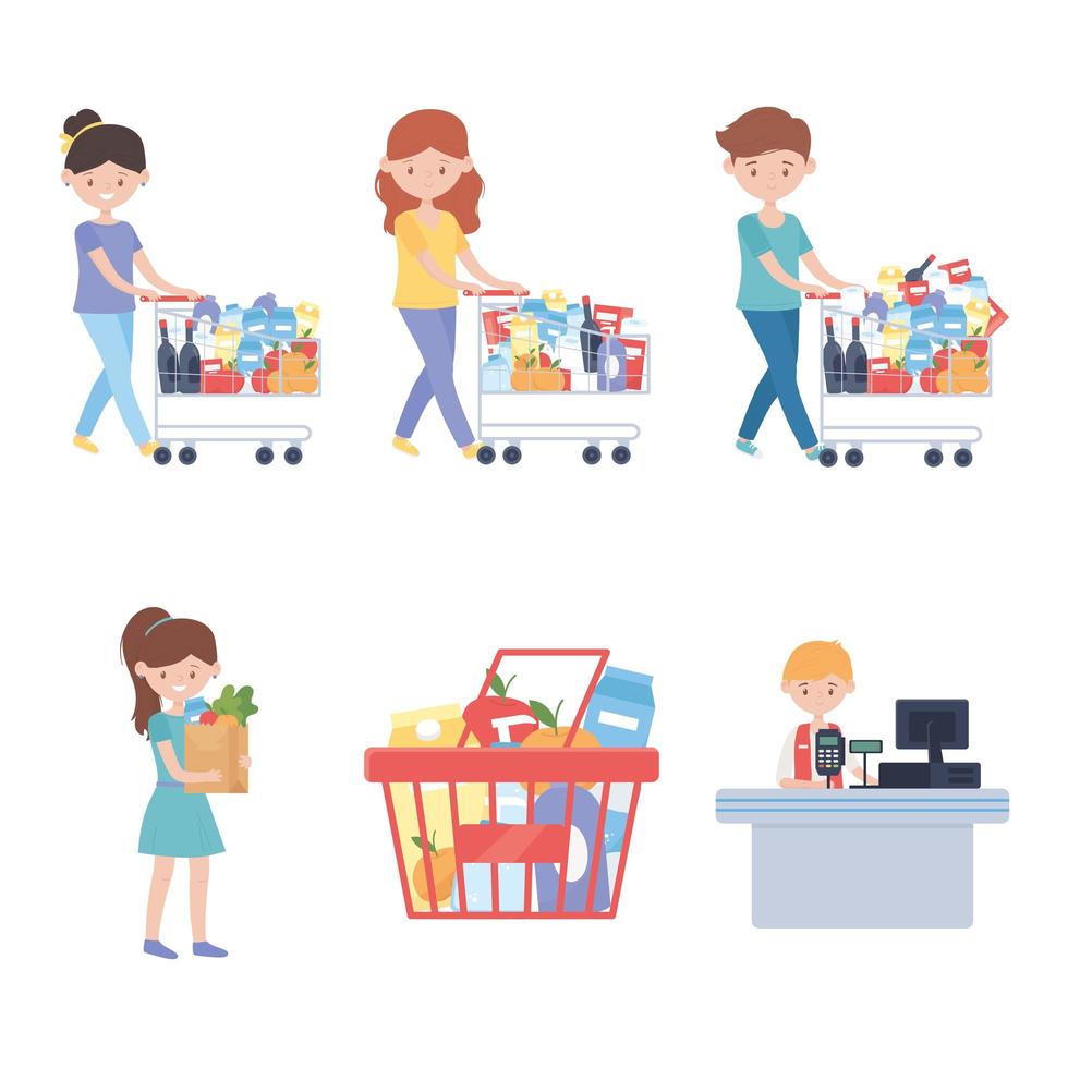 Store customers with shopping carts, groceries and cashier set vector