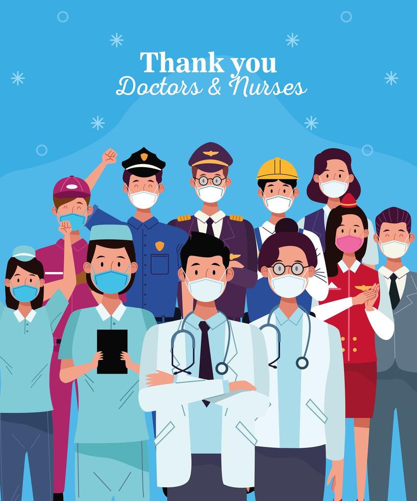 Workers wearing face masks with thank you doctors and nurses lettering vector