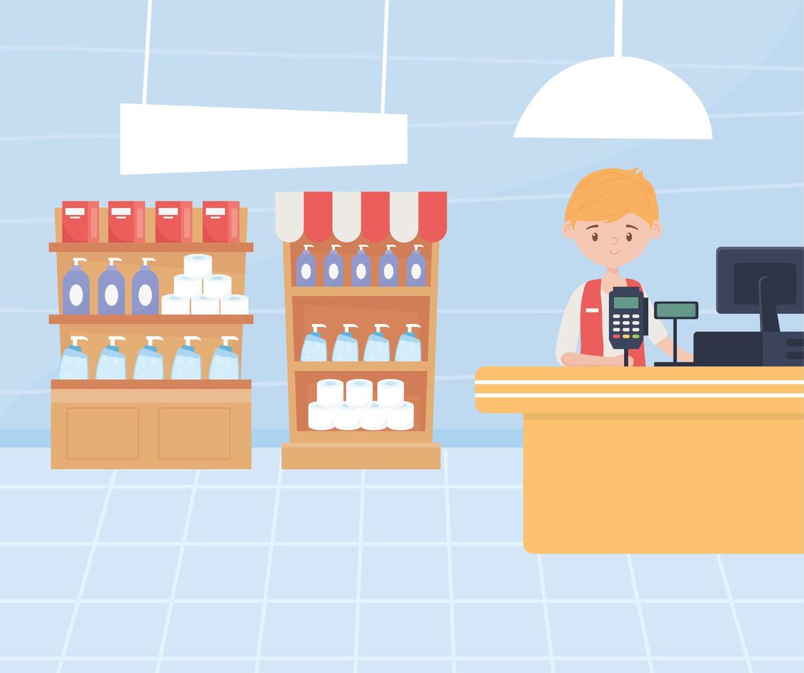 Pharmacy cashier with personal hygiene products on shelves vector