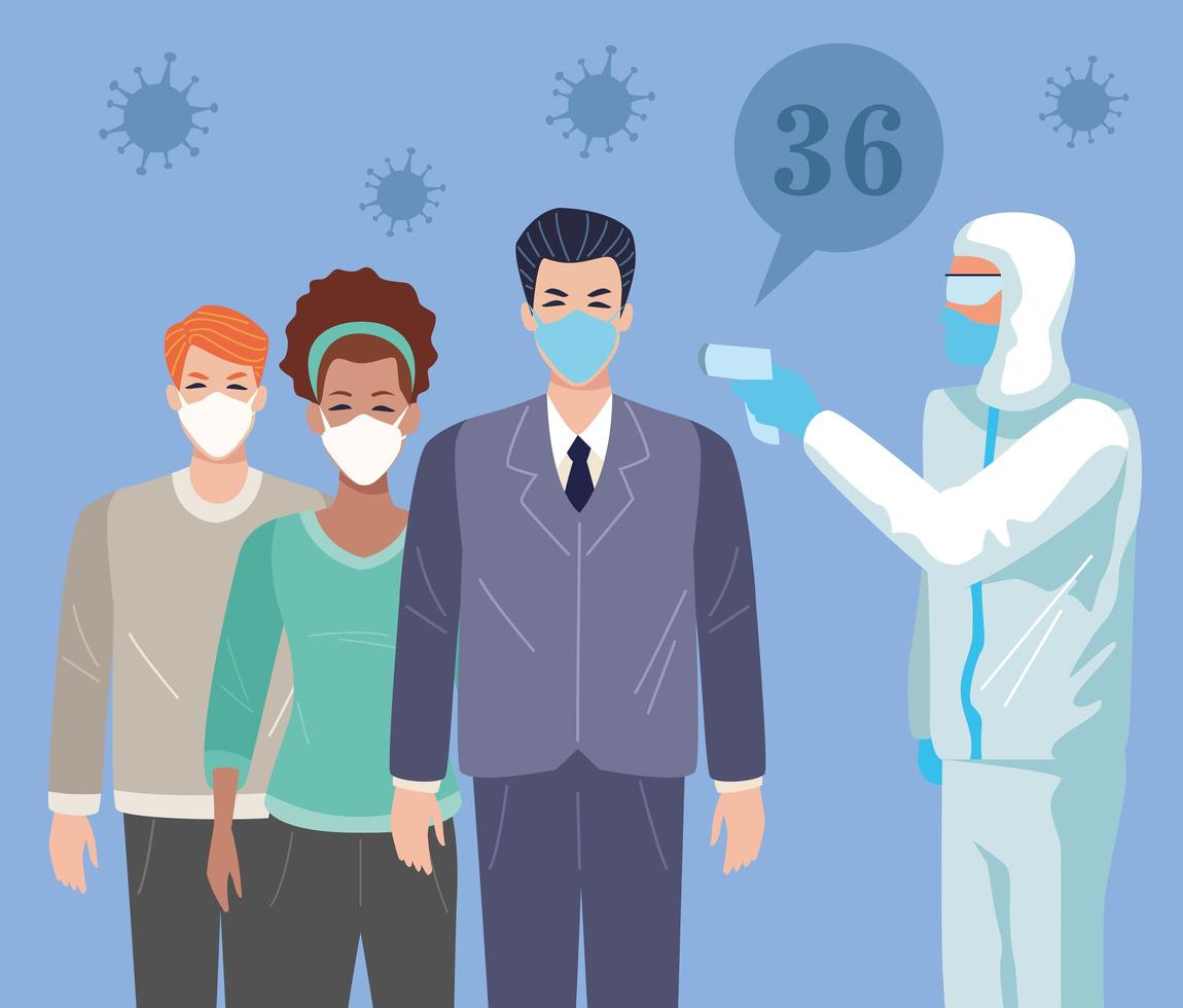 People using medical masks in temperature checkpoint  vector