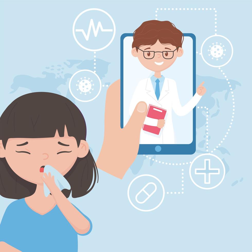 Sick patient with online doctor care on the smartphone vector