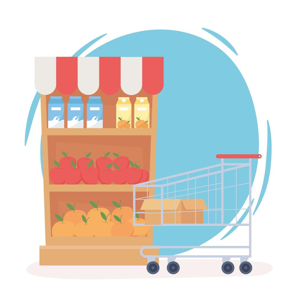 Stocked shelves and empty shopping cart vector
