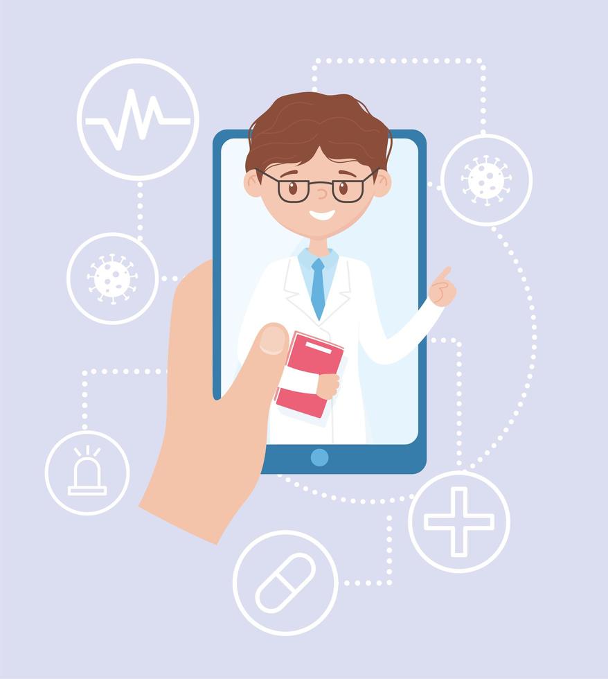 Hand holding a smartphone with online app medical support vector