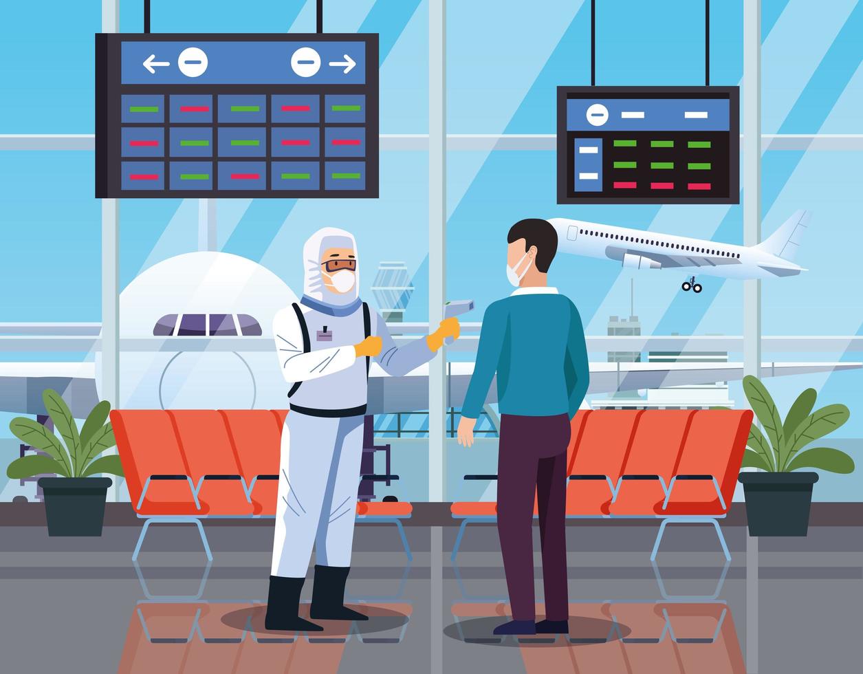 Trabajador de bioseguridad comprobando la temperatura en el aeropuerto por coronavirus vector