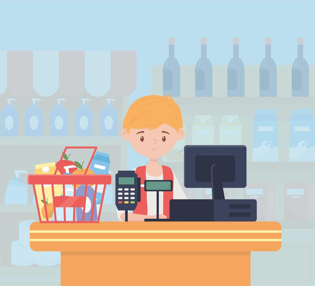 Young man working as a cashier with full basket vector