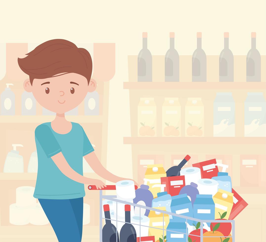 Man excessively shopping groceries in a store aisle vector