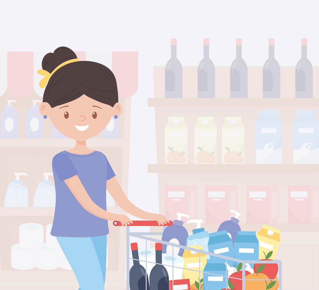 Woman excessively shopping groceries in a store aisle  vector