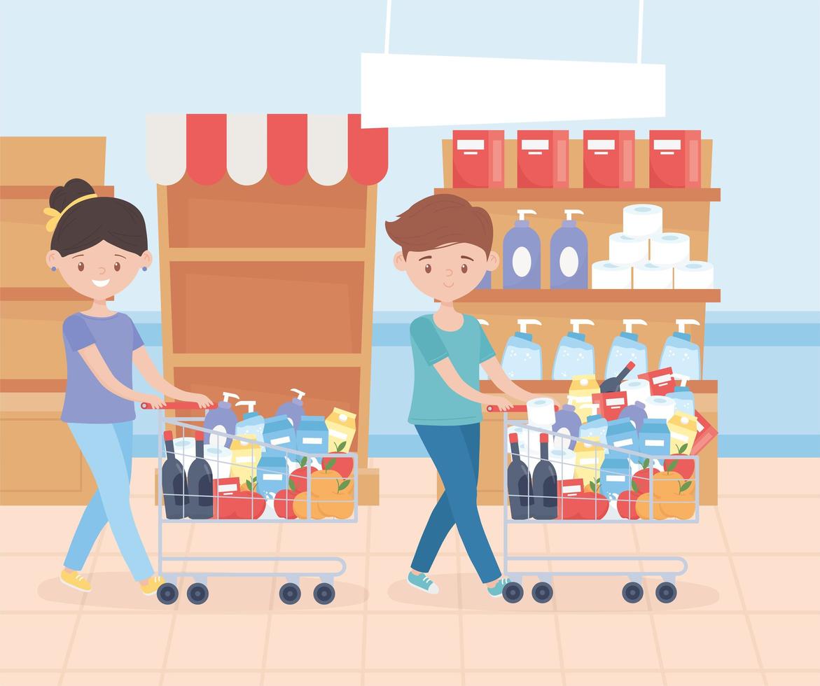 hombre y mujer comprando comestibles vector