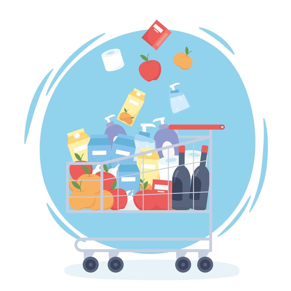 Shopping cart filled with groceries and cleaning products vector