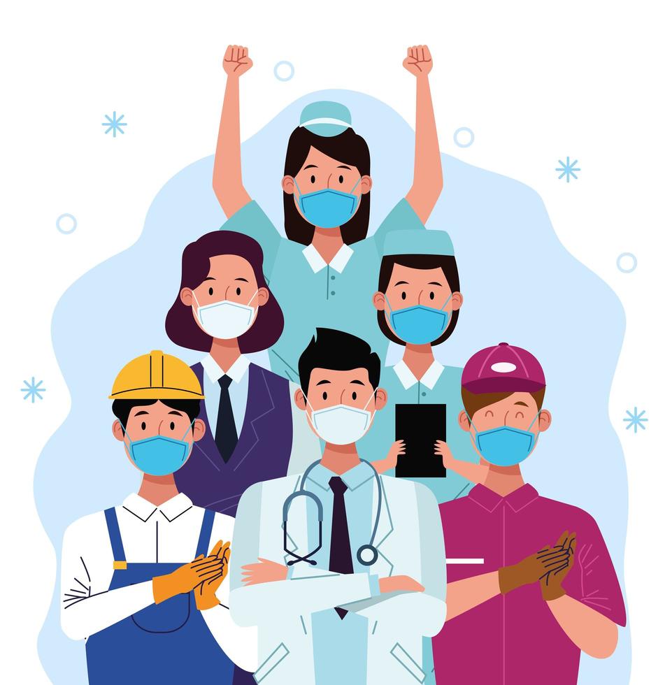 Group of workers wearing facial masks vector