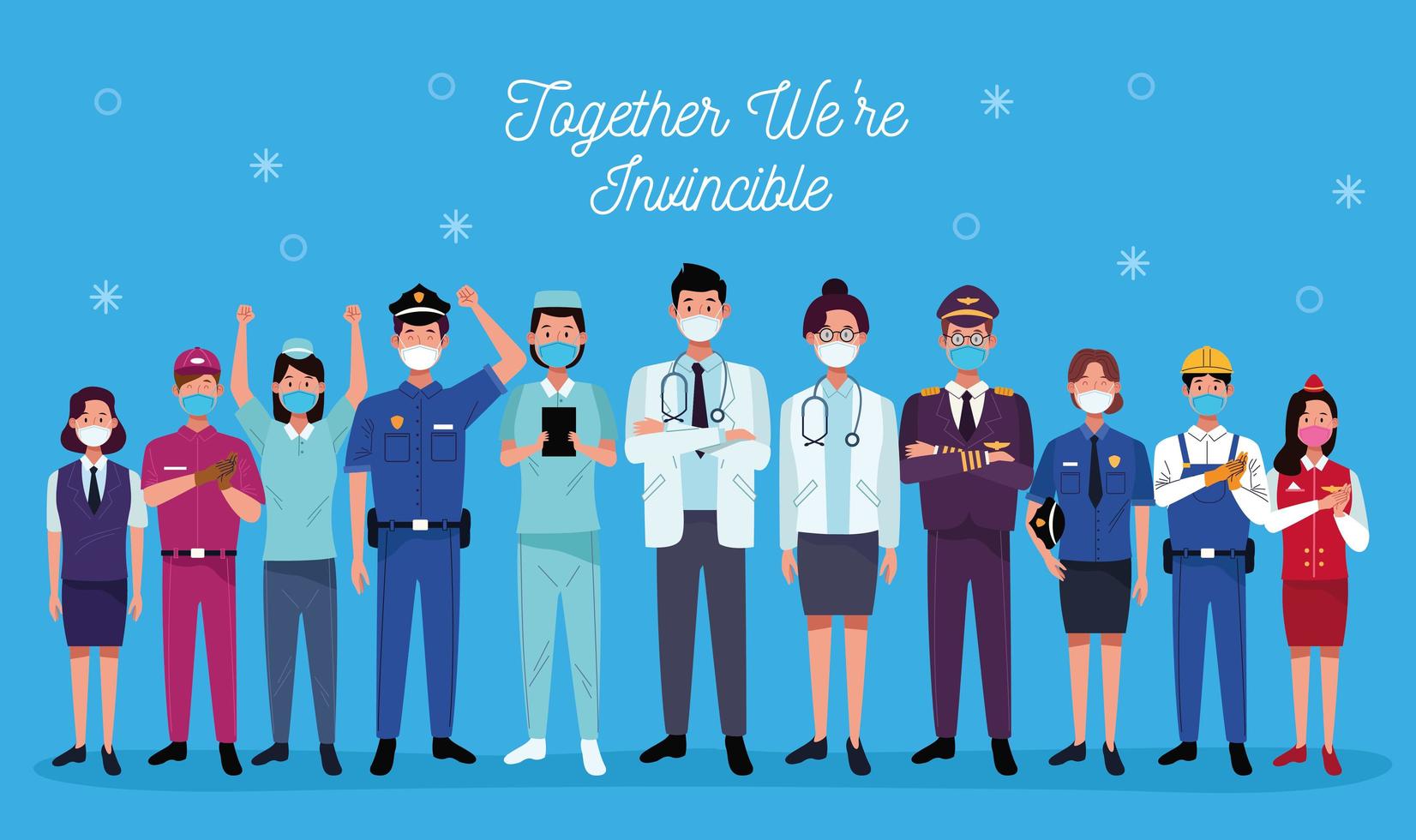 Group of workers using medical masks and together we are invincible lettering vector