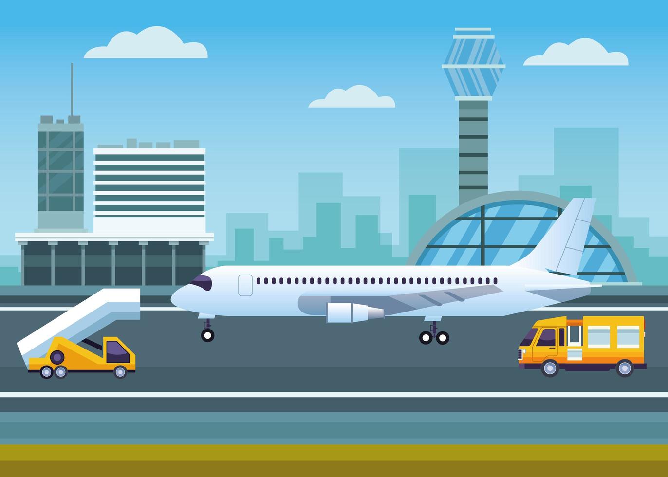 Airport with control tower and airplane vector