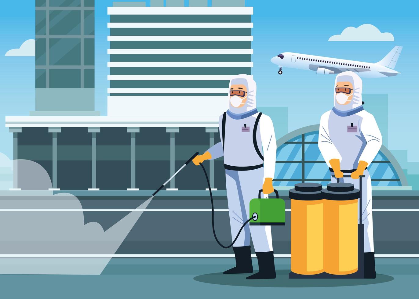 Biosafety workers disinfect airport  vector