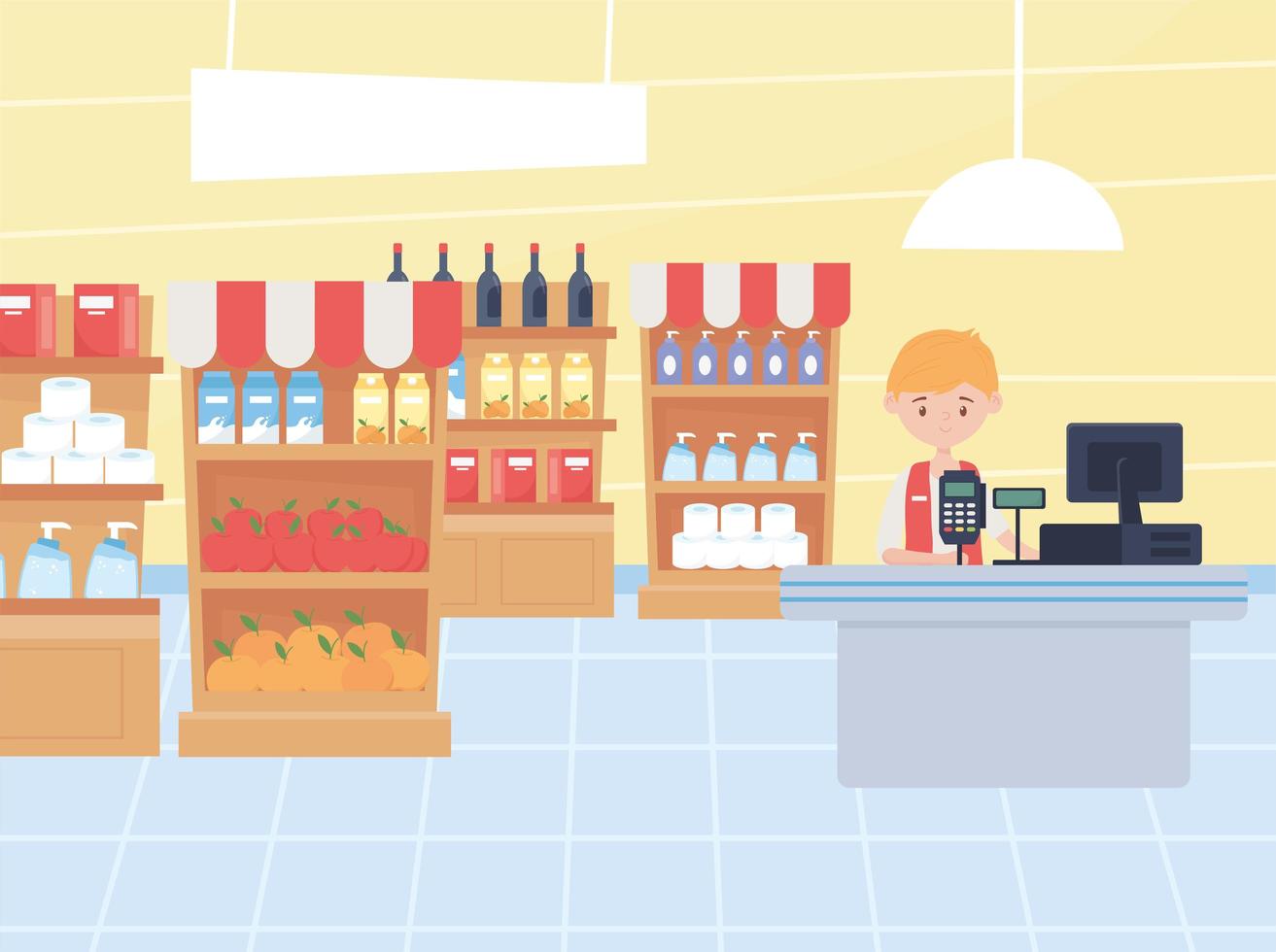 Cashier and stocked shelves at store vector