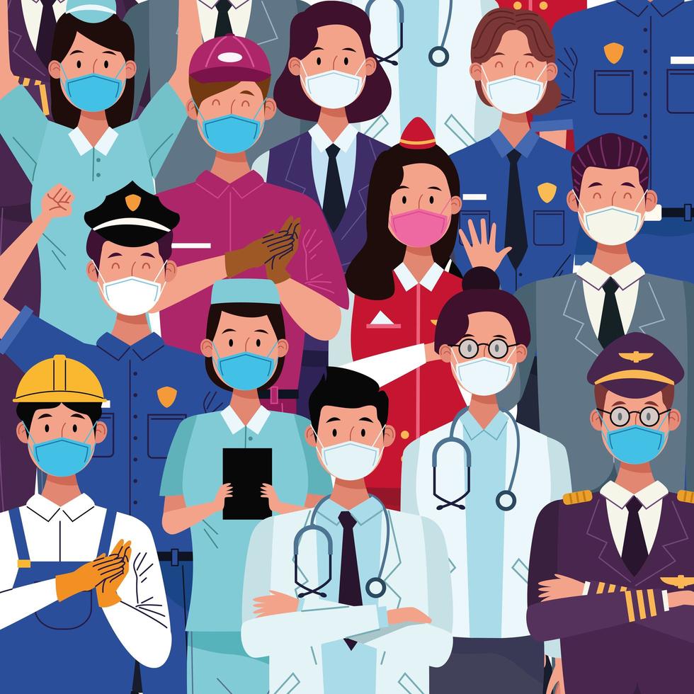 Group of workers using medical masks vector