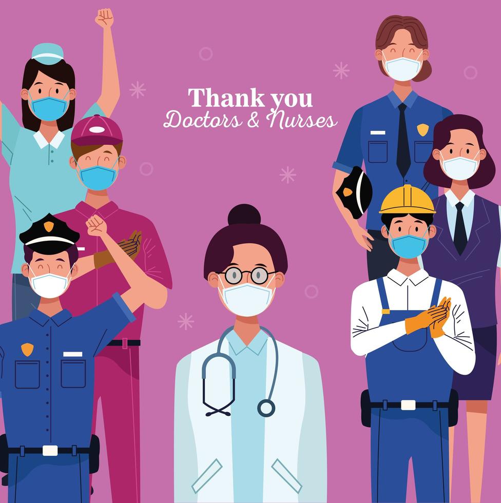 Group of workers using protective masks with thank you message vector