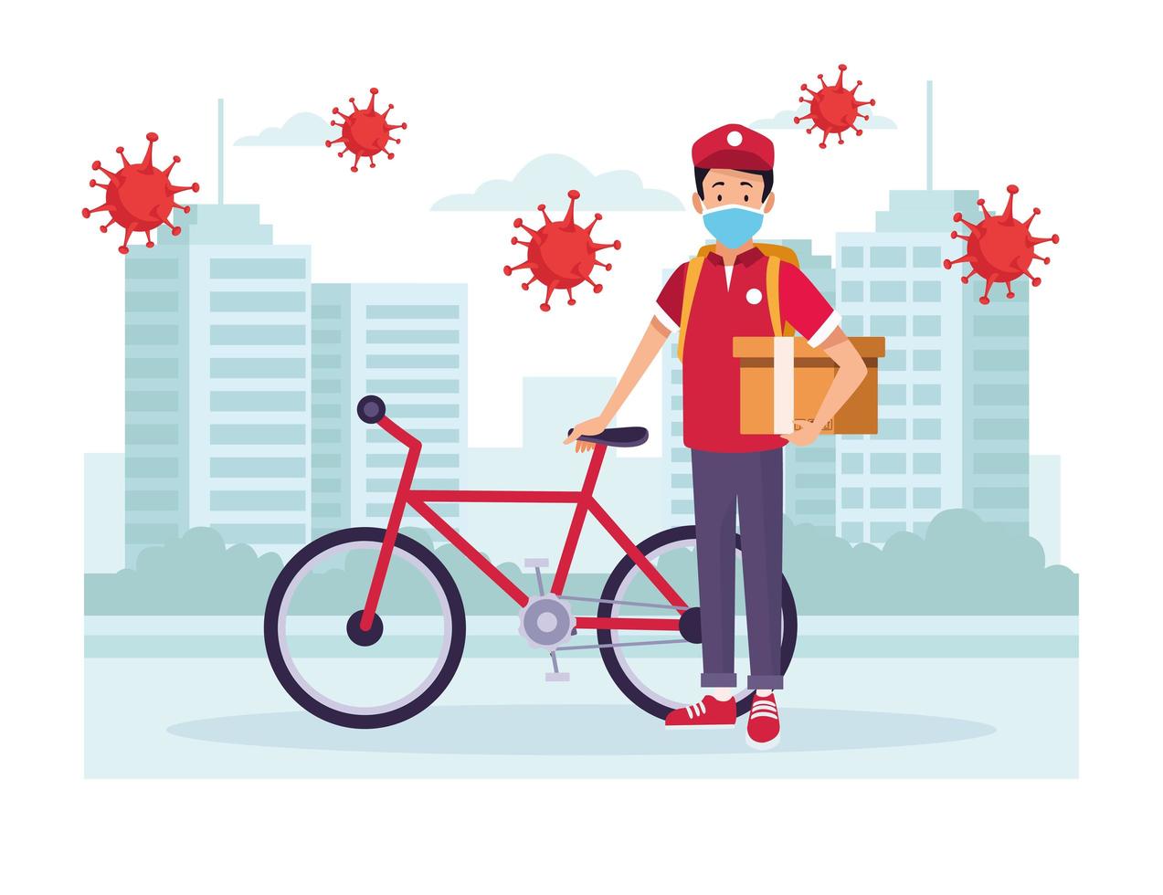 Courier with bicycle delivery service with COVID 19 particles vector