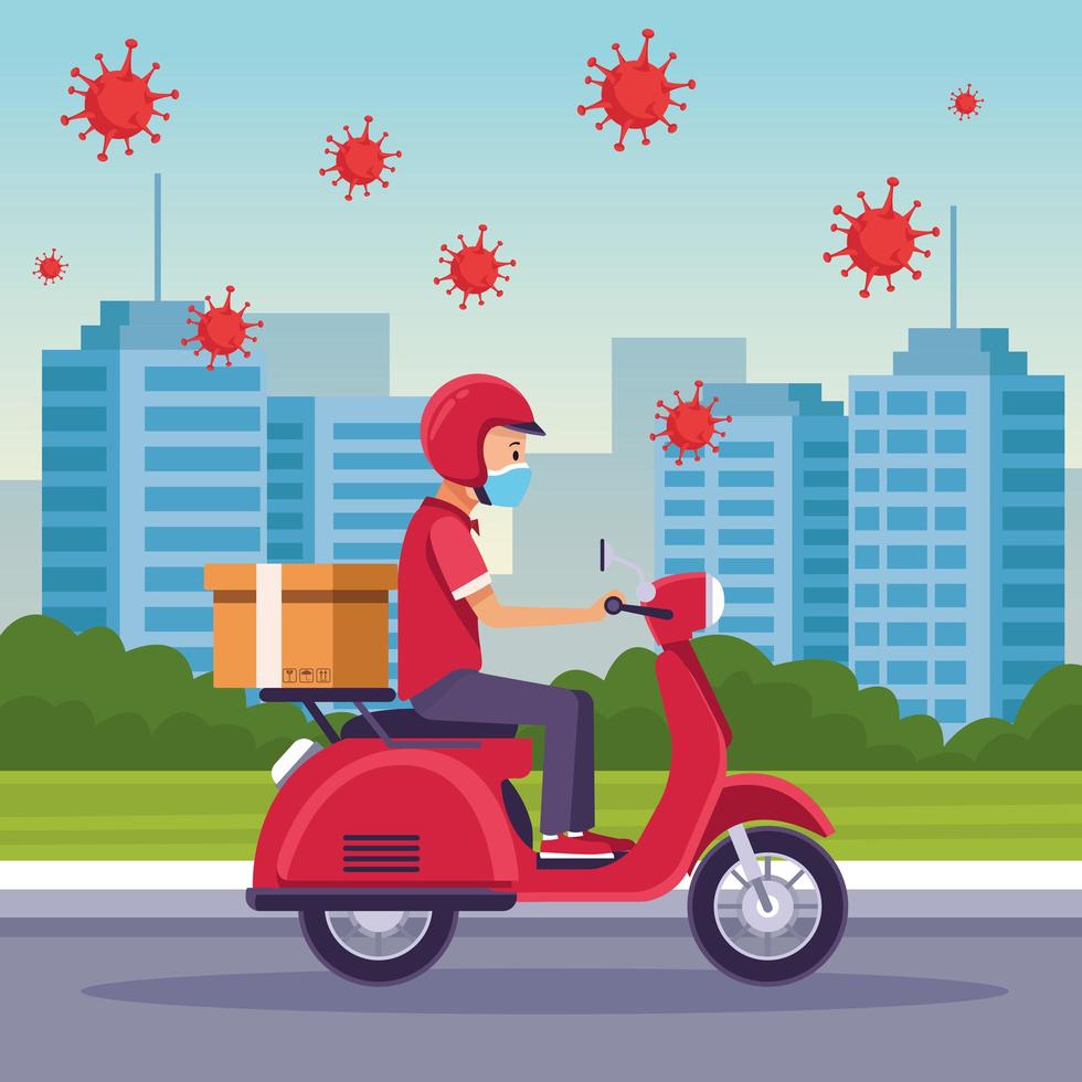 Courier in a motorcycle in delivery service with COVID 19 particles  vector