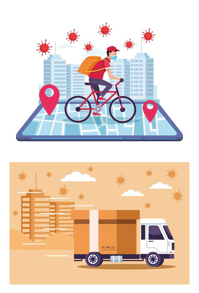 Delivery service online with COVID 19 particles vector