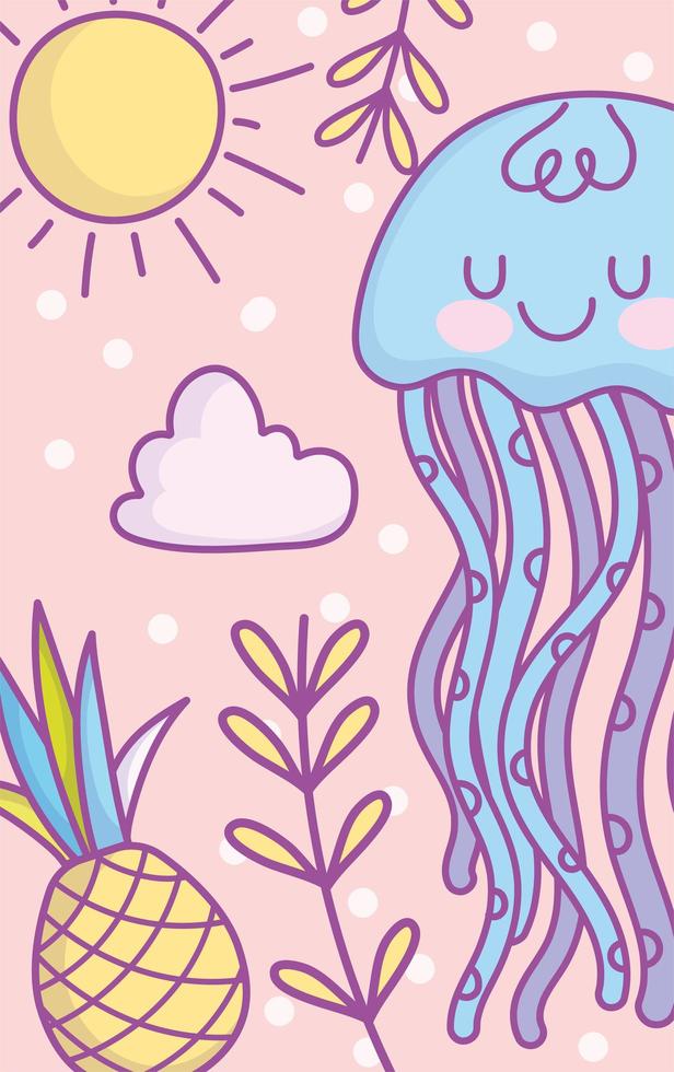 Kawaii blue jellyfish card or banner template vector