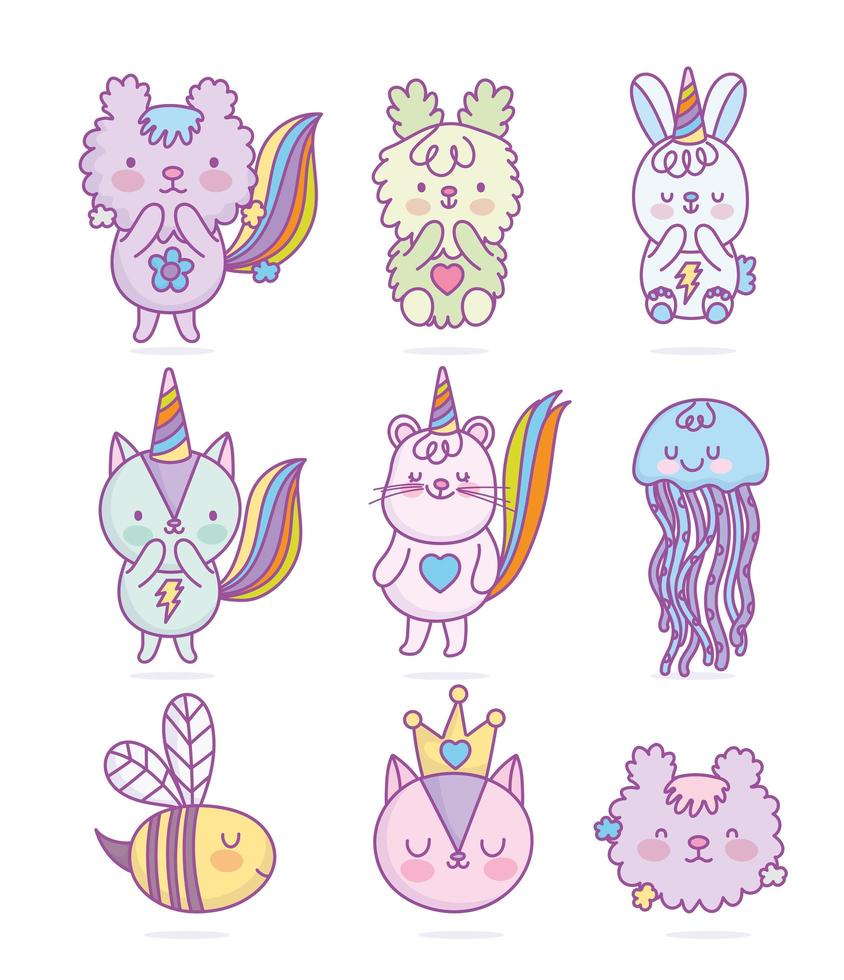 Cute kawaii animal set vector