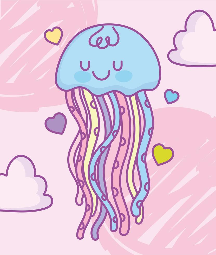 Kawaii blue jellyfish with hearts vector