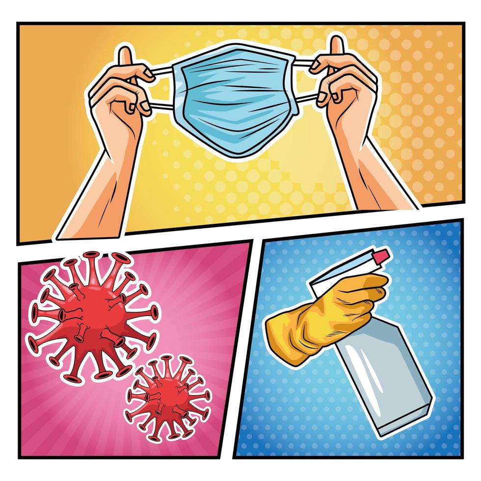 Prevention methods COVID 19 pandemics icons in pop art style vector