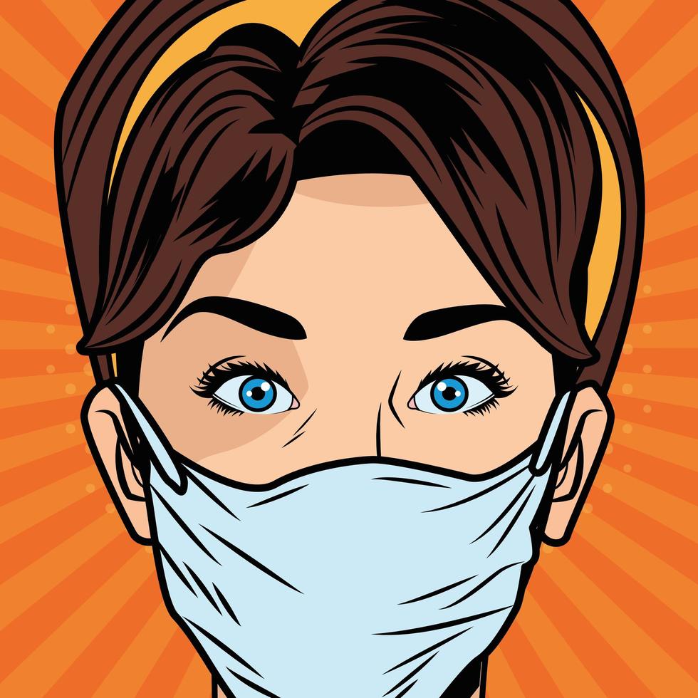 Woman using face mask for COVID 19 in pop art style vector