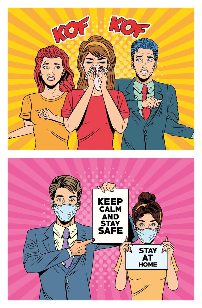 Sick people with COVID 19 in pop art style vector