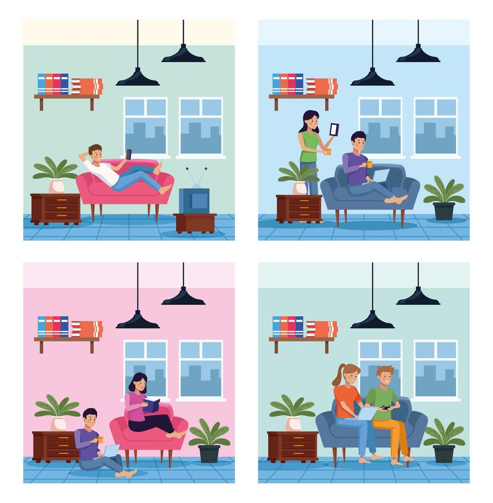 People in quarantine inside their house  vector