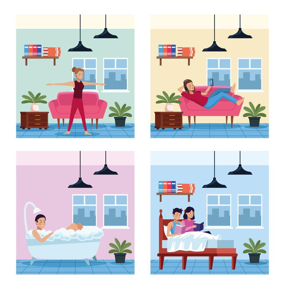 Set of home scenes with people in quarantine vector