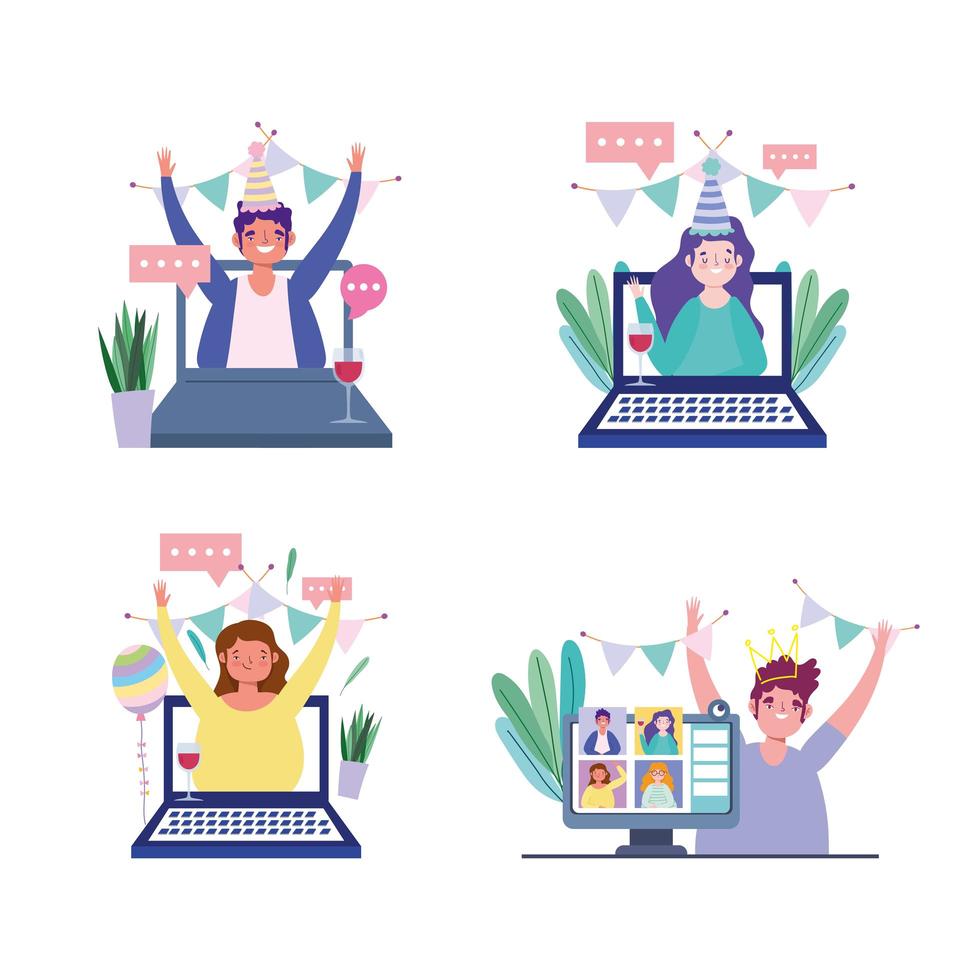 People on their online devices for a party icon set vector