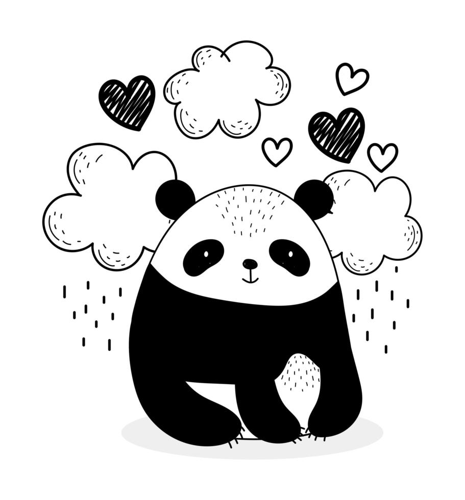 lindo panda con nubes y corazones estilo boceto vector