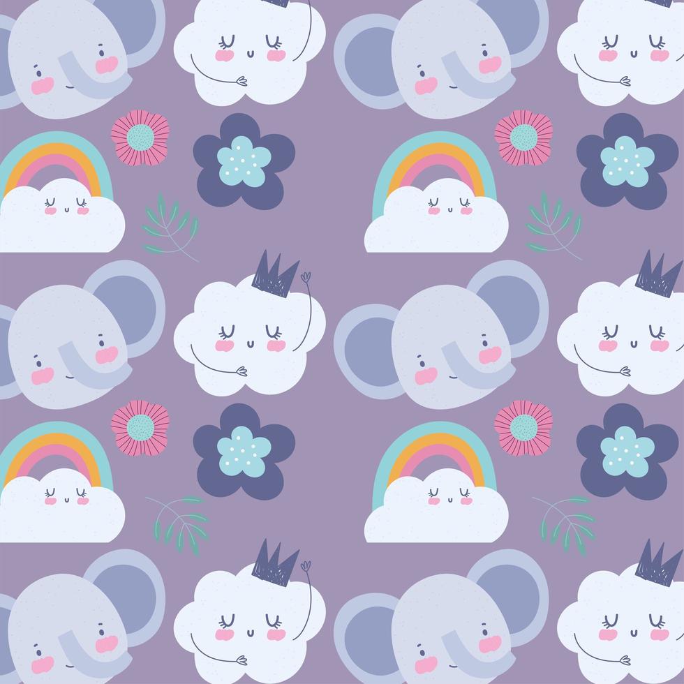 Little elephant faces with clouds pattern background vector