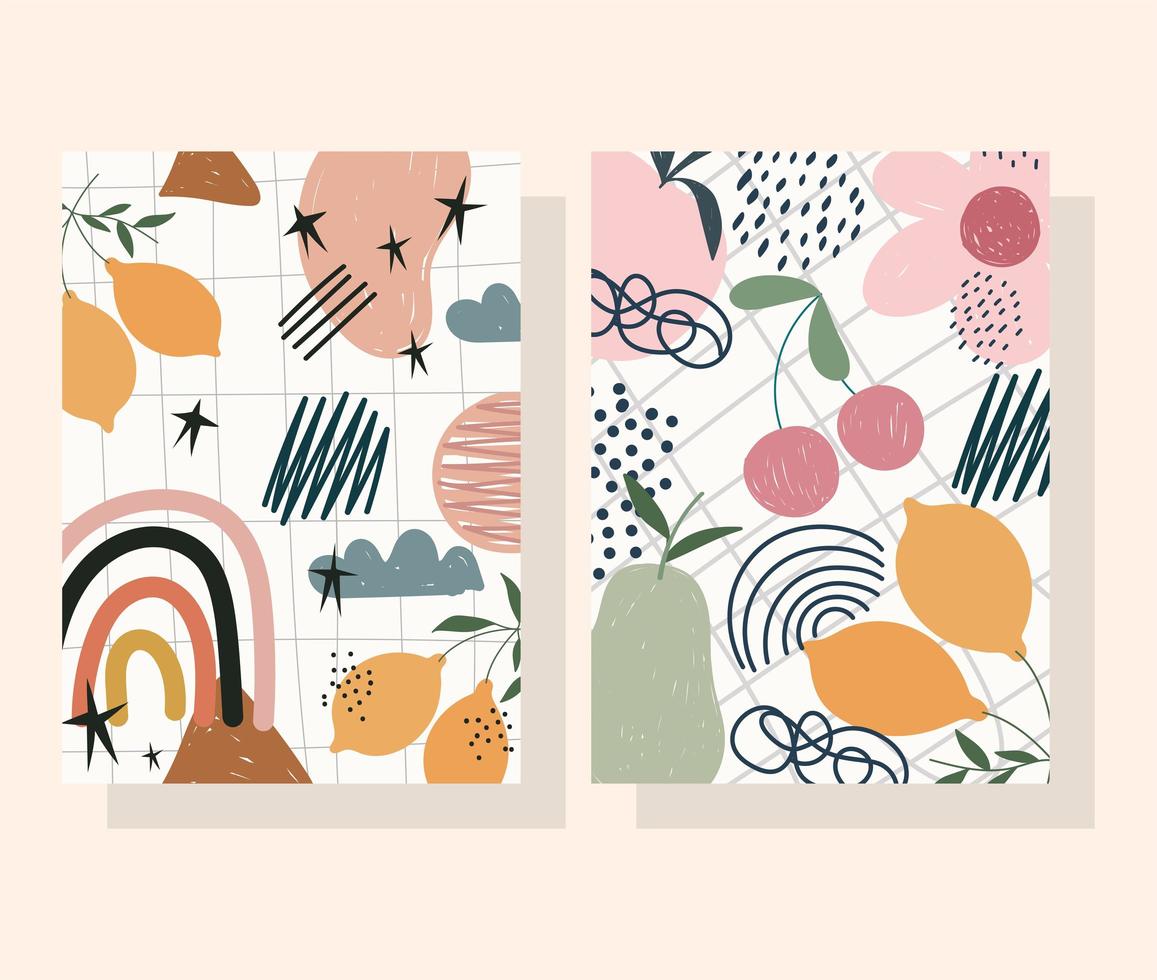 Contemporary flower, fruits and abstract shapes banner and card set vector