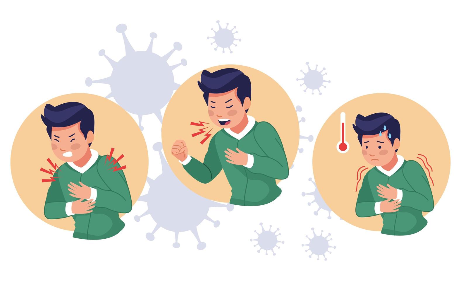 Three scenes of young sick men of COVID 19 symptoms vector