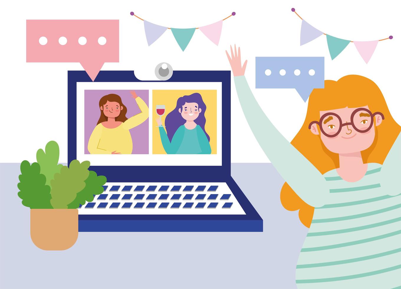 Women meeting and celebrating online via video call vector